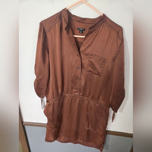 Ann Taylor 100% Silk Shirt Dress Brown Women's Size 8 With 3/4 Cinched Sleeves - Picture 8 of 8